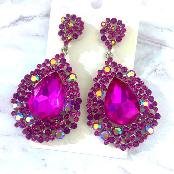 Fuchsia Pink Austrian Crystal Chandelier Earrings Prom Pageant Formal - Picture 4 of 7